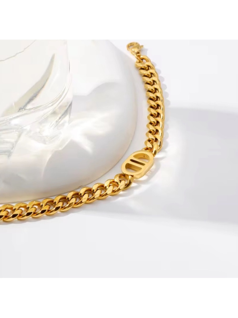 Stainless Steel Gold Cuban Link Necklace with Signature Oval Accent